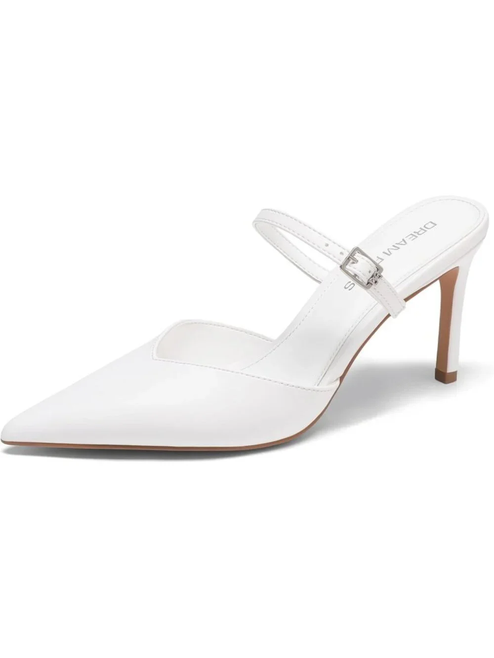 Women's White Faux Leather Mules Ankle Strap Pointed Pumps Sexy Fashion Heels